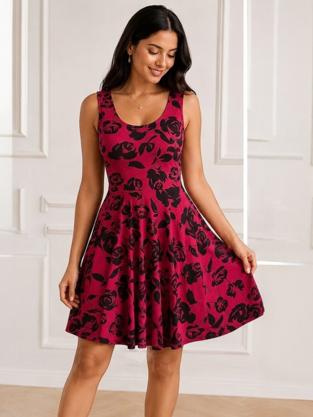 Omine USA Floral Pleated Skater Dress Pink Black Rose Fit & Flare Sleeveless - M